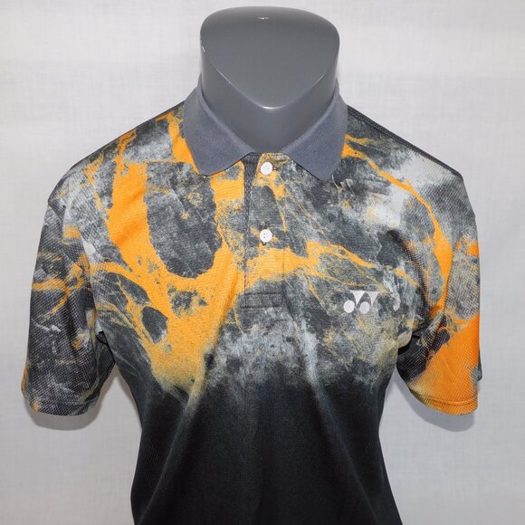 Yonex Mens L Orange black abstract print Badminton Polo Shirt Made in Japan - Picture 2 of 8